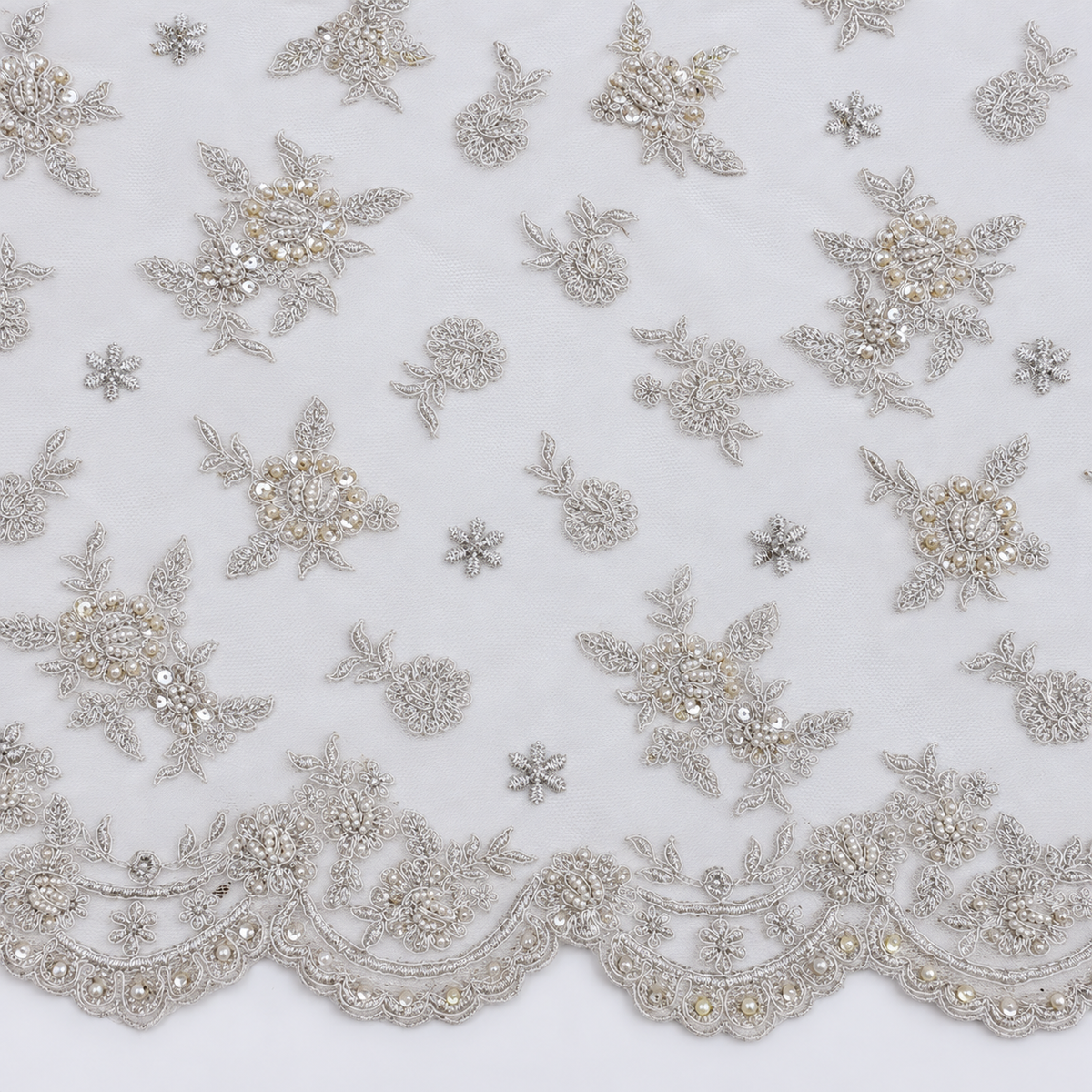 Silver Embroidered Pearl & Sequin Floral Bridal Lace
