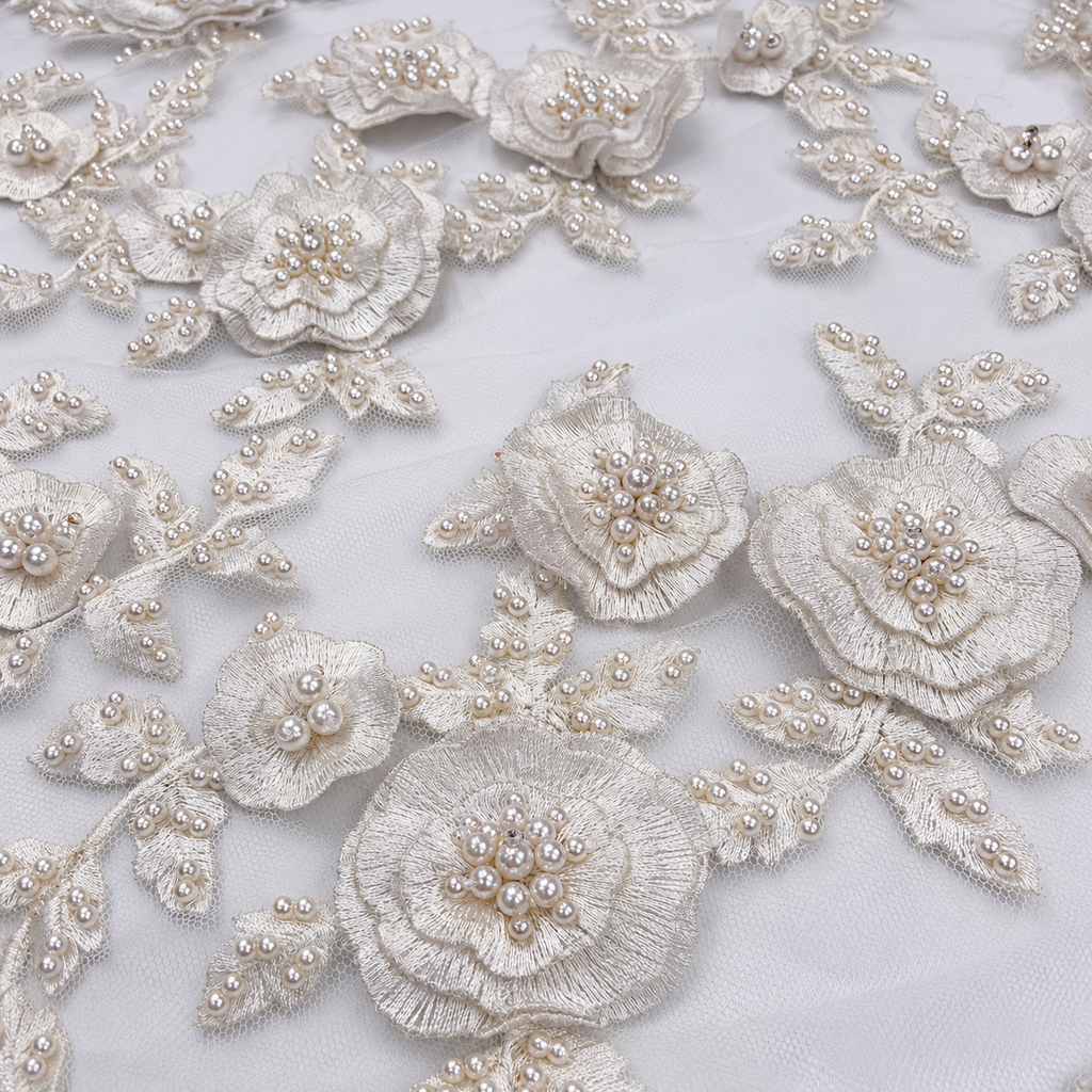 Silver Embroidered Floral Lace with White Pearl Embellishments