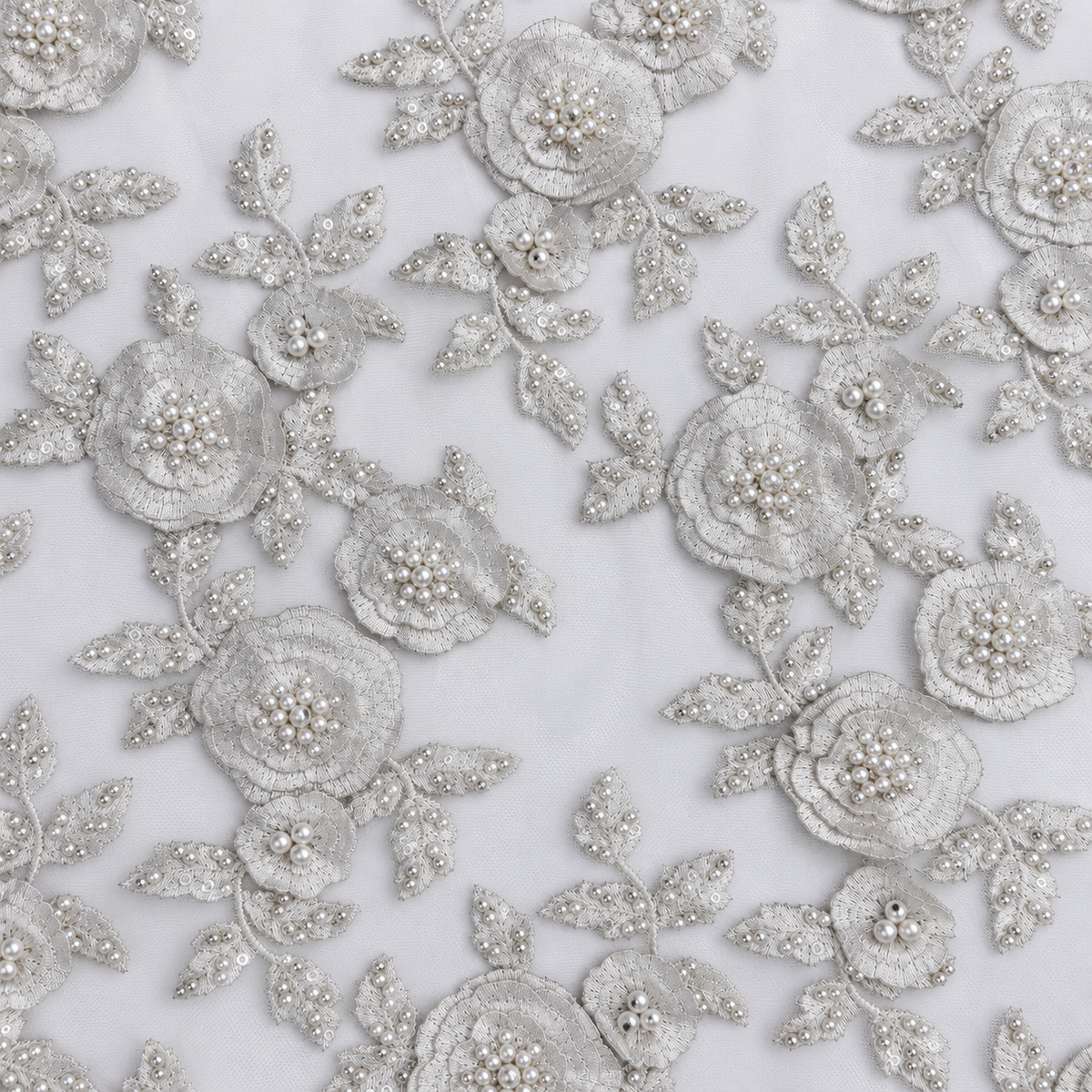 Silver Embroidered Floral Lace with White Pearl Embellishments