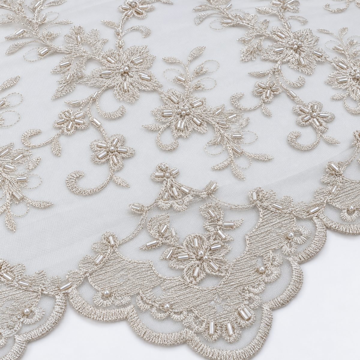 Silver Floral Beaded Bridal Lace with Scalloped Border