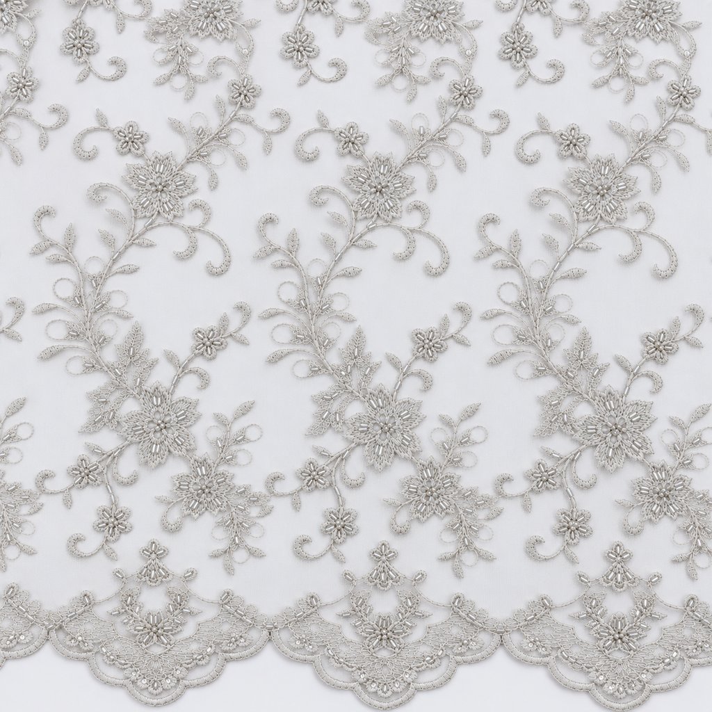 Silver Floral Beaded Bridal Lace with Scalloped Border