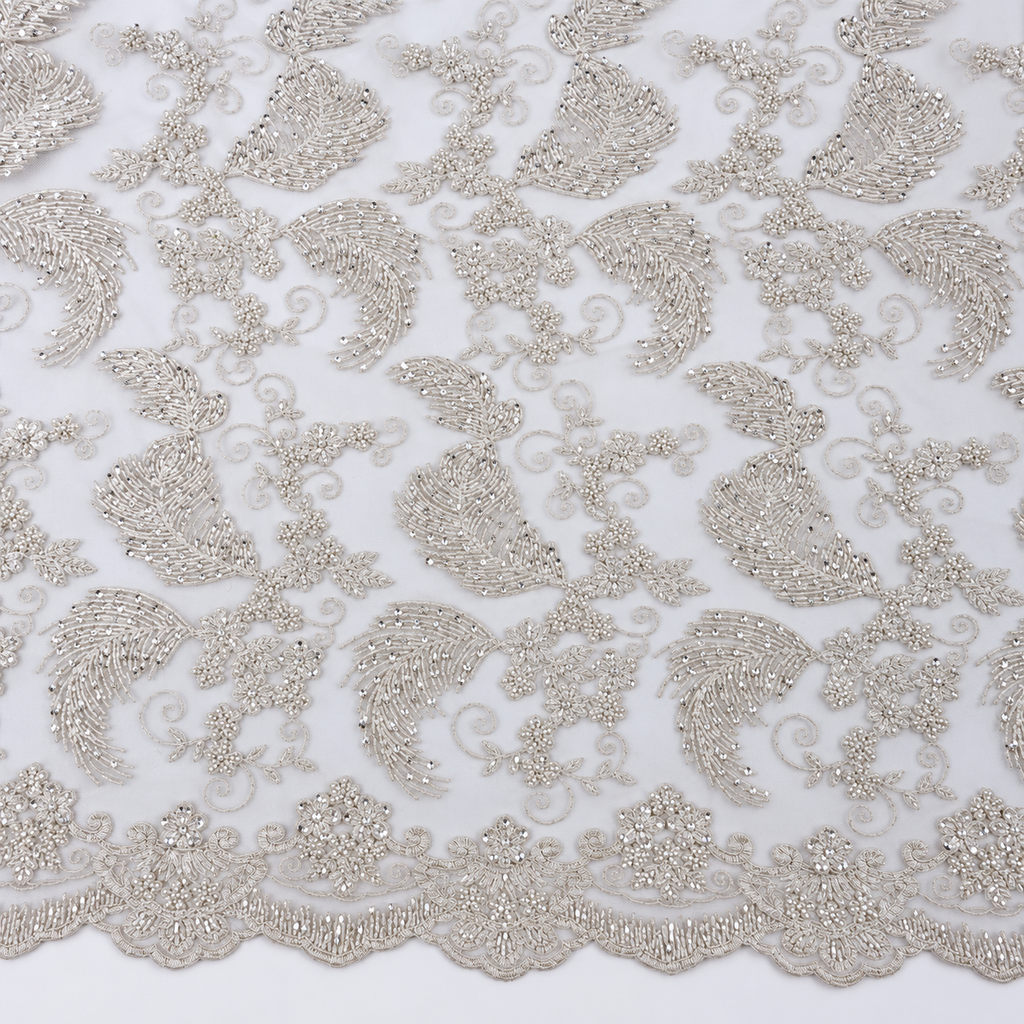Silver Beaded Feather & Floral Bridal Lace with Scalloped Border