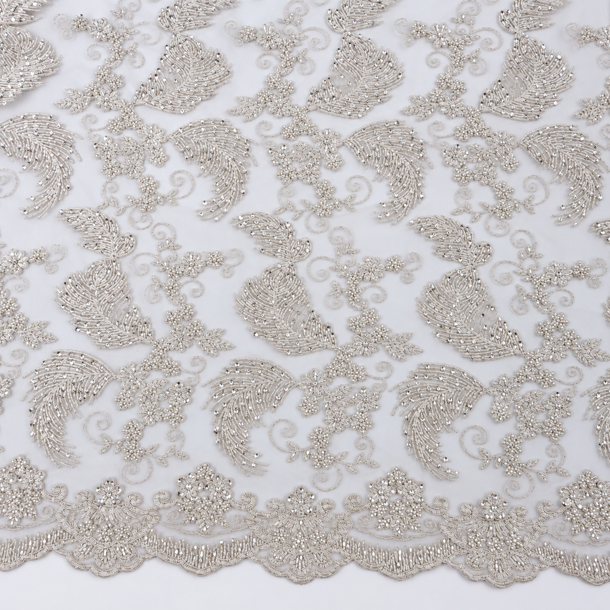 Silver Beaded Feather & Floral Bridal Lace with Scalloped Border