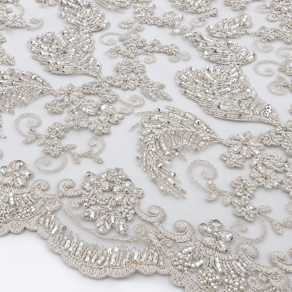 Silver Beaded Feather & Floral Bridal Lace with Scalloped Border