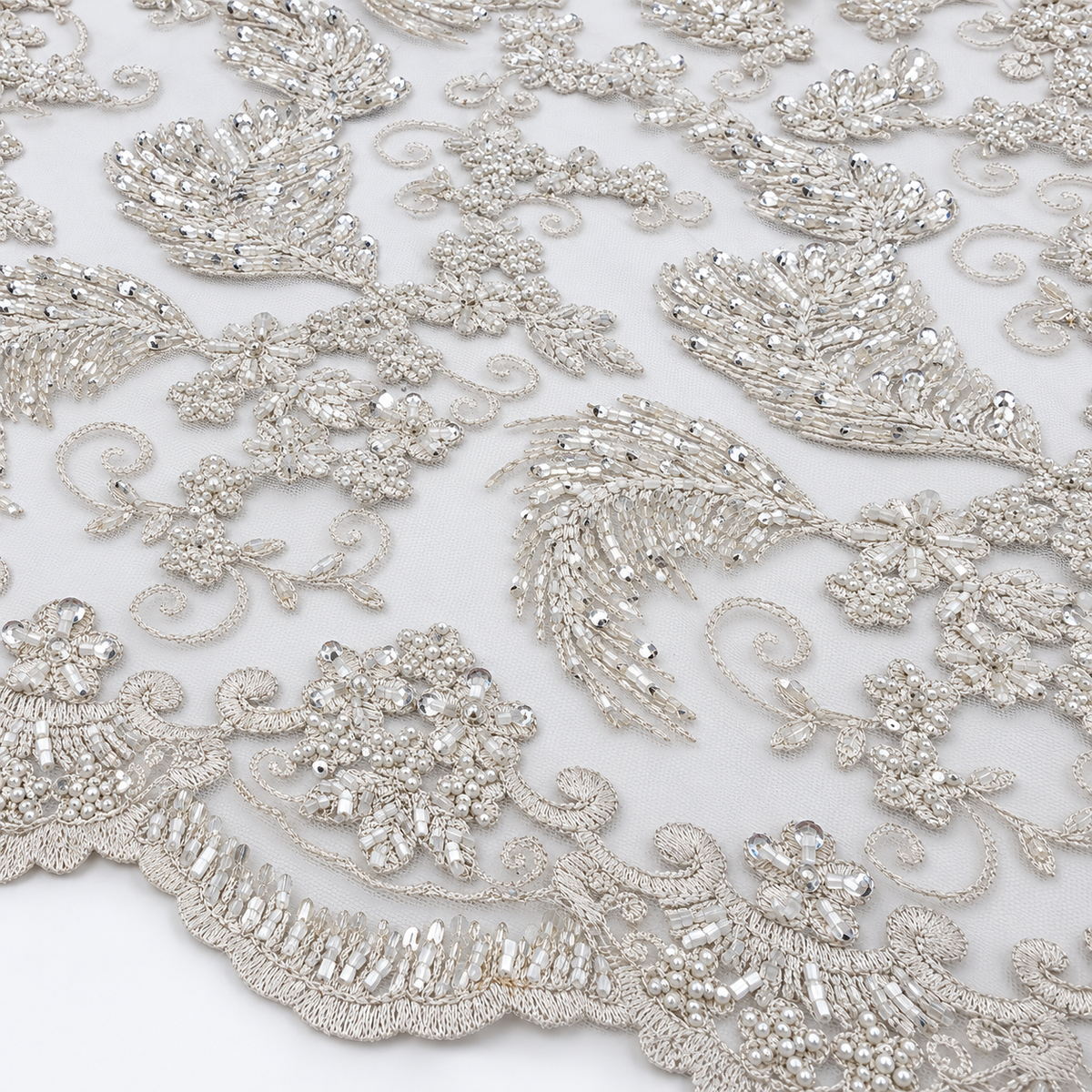 Silver Beaded Feather & Floral Bridal Lace with Scalloped Border