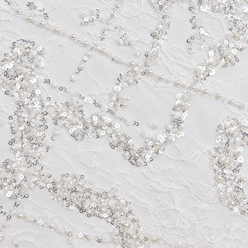 White Pearl & Sequin Linear Chantilly Lace