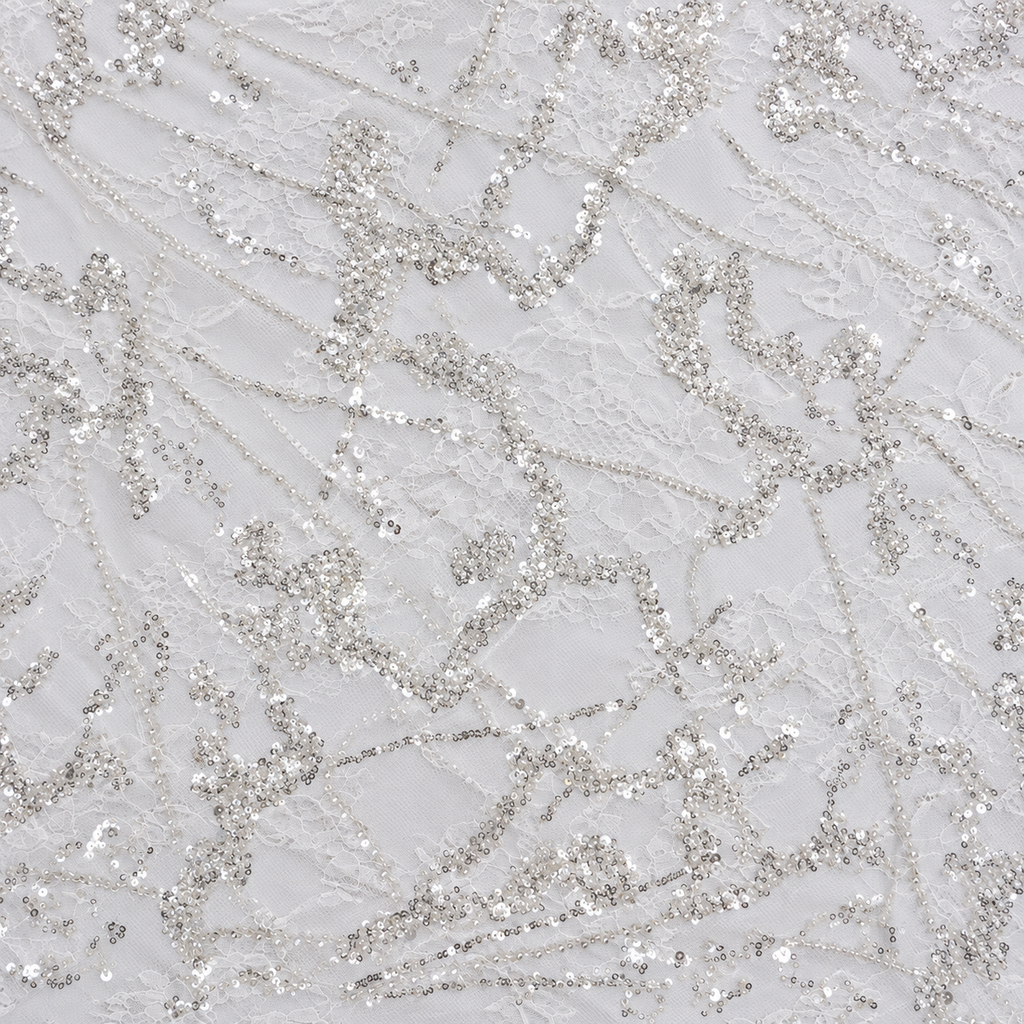 White Pearl & Sequin Linear Chantilly Lace