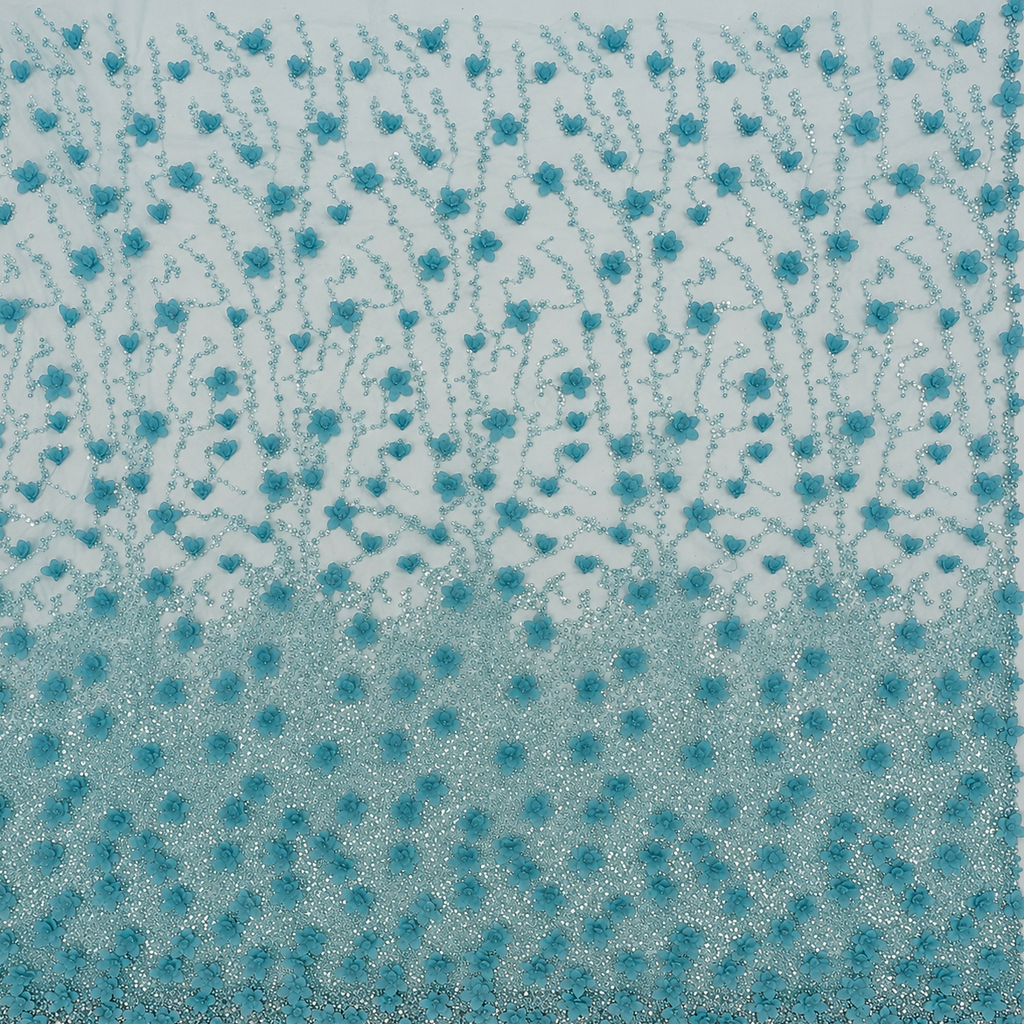 3D Floral Pearl & Sequin Embellished Mesh Fabric