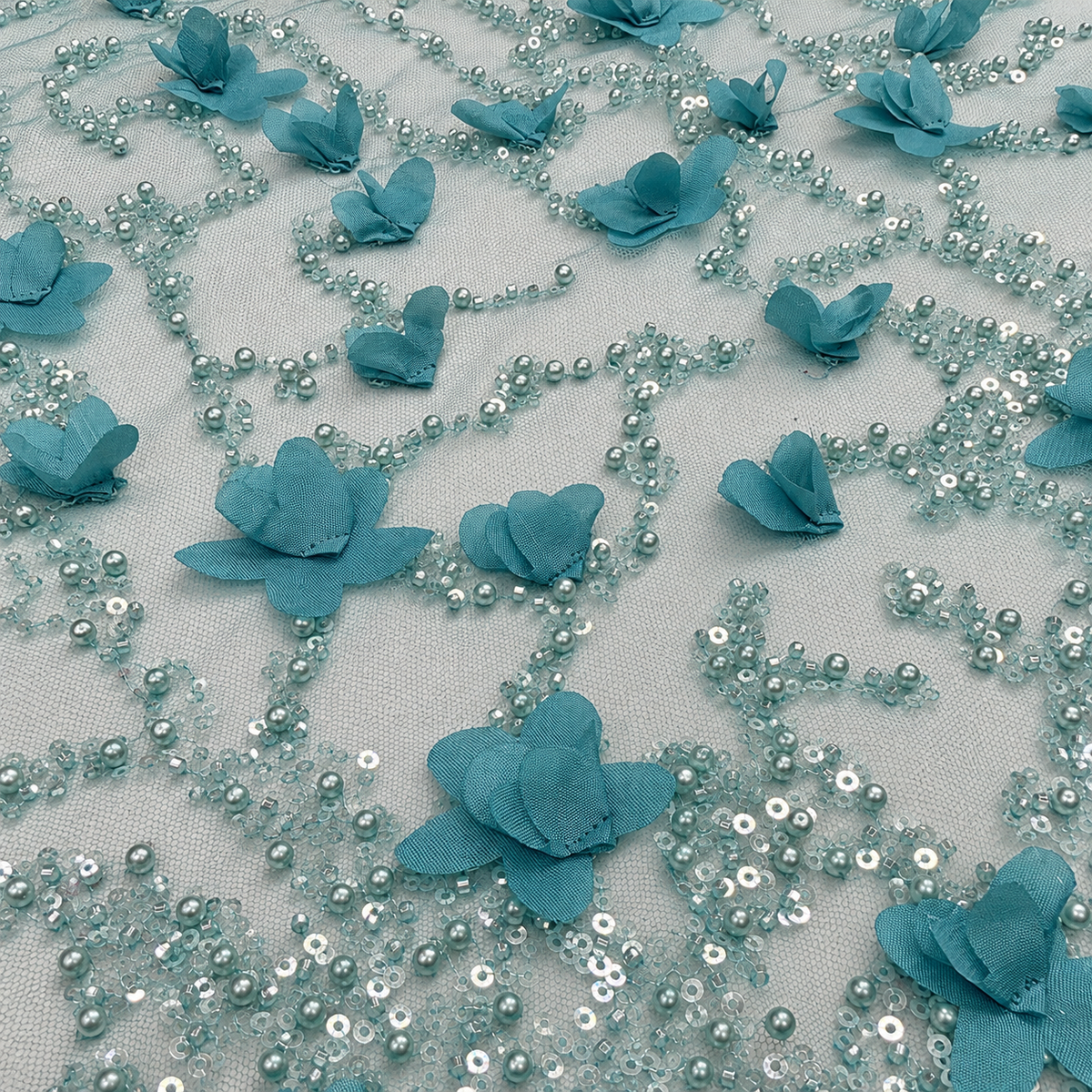 3D Floral Pearl & Sequin Embellished Mesh Fabric