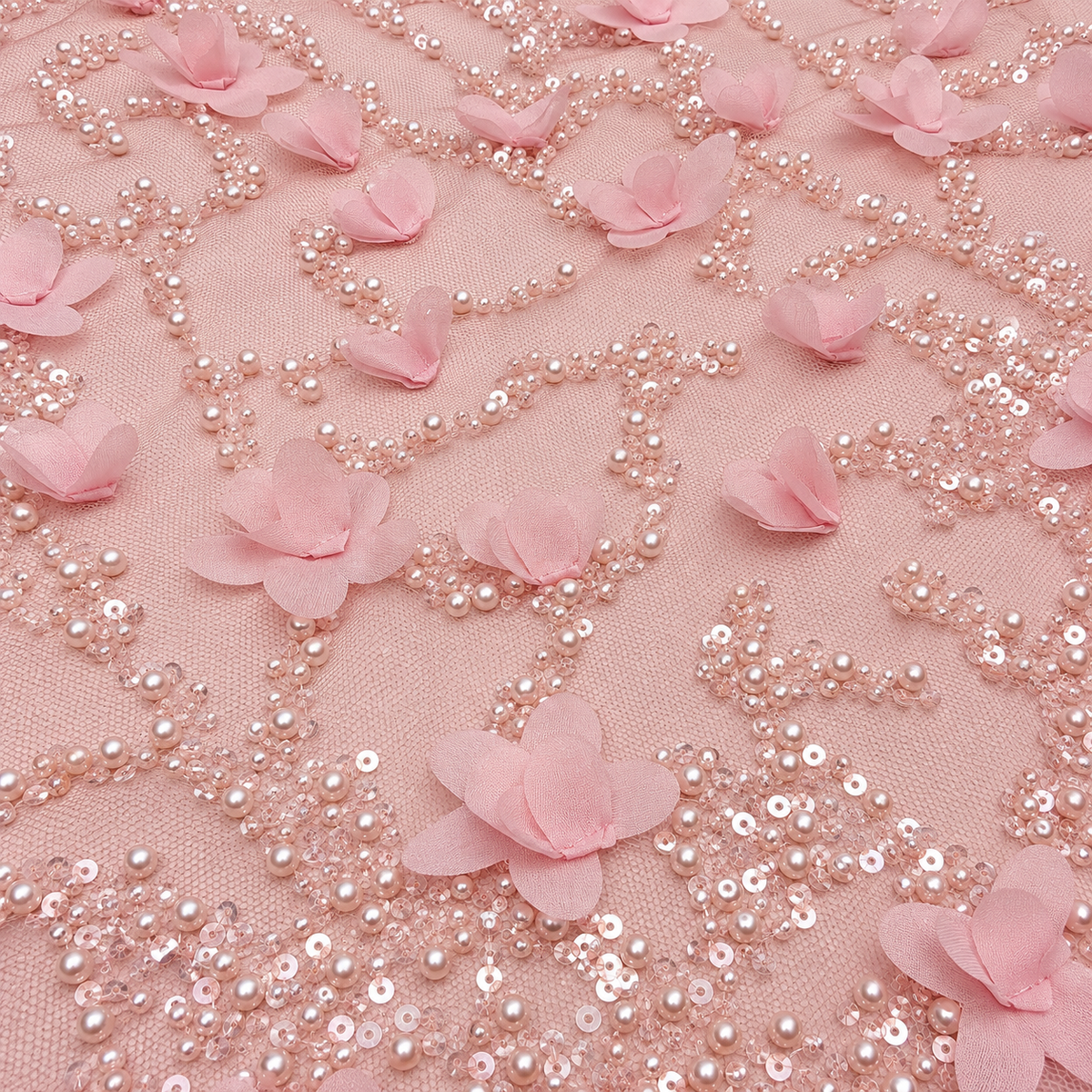 3D Floral Pearl & Sequin Embellished Mesh Fabric