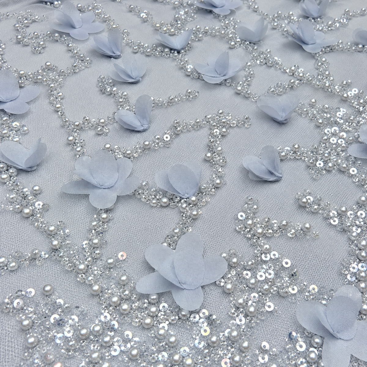 3D Floral Pearl & Sequin Embellished Mesh Fabric