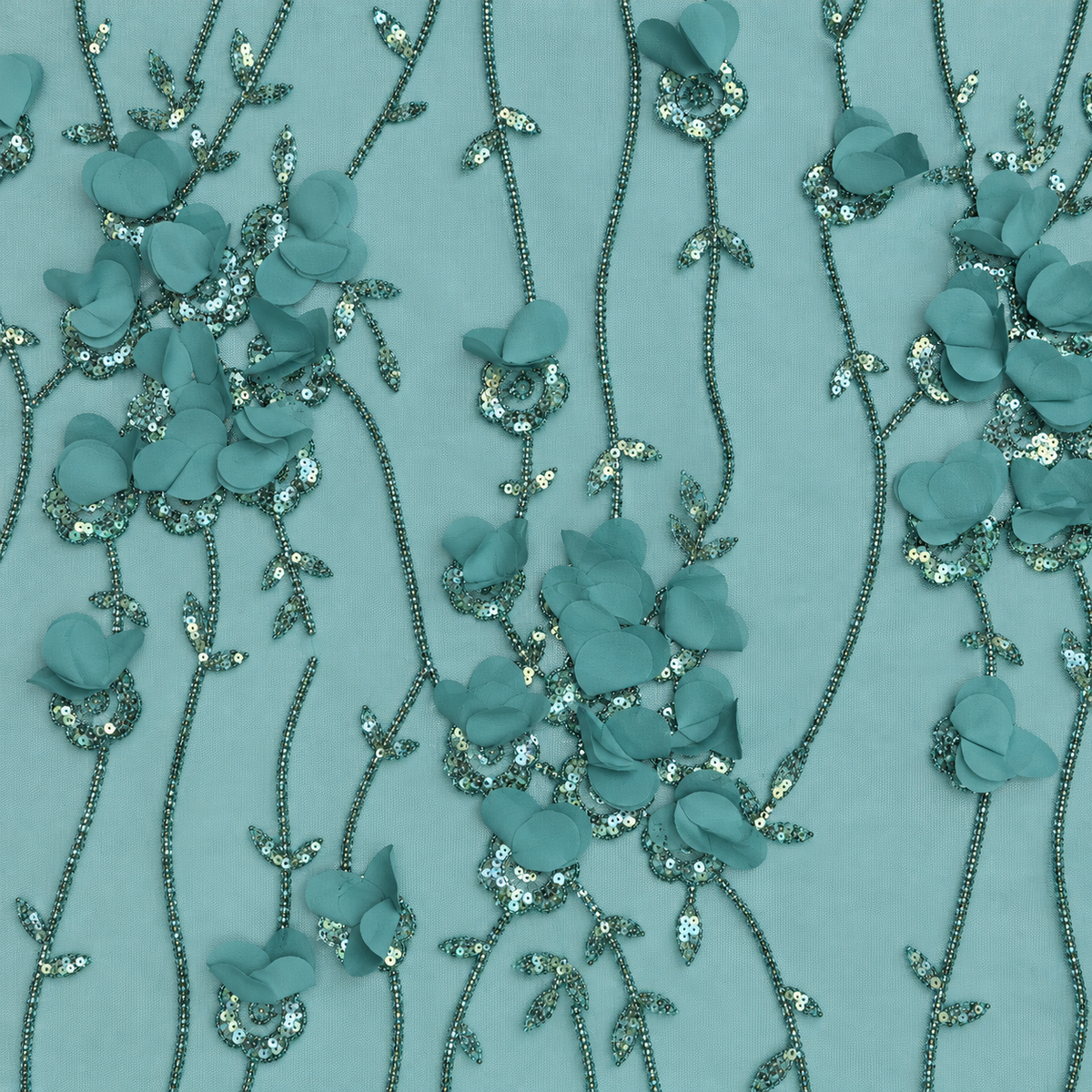 3D Floral Embellished Mesh Fabric