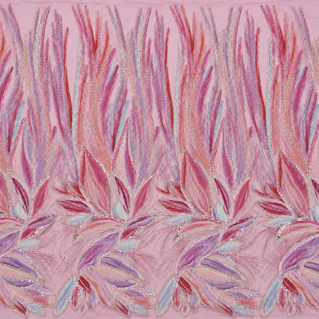3D Floral & Leaf Embellished Tulle Fabric