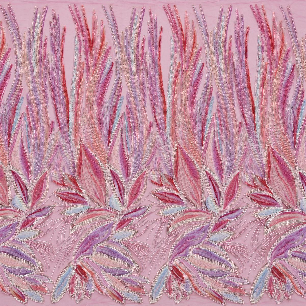 3D Floral & Leaf Embellished Tulle Fabric