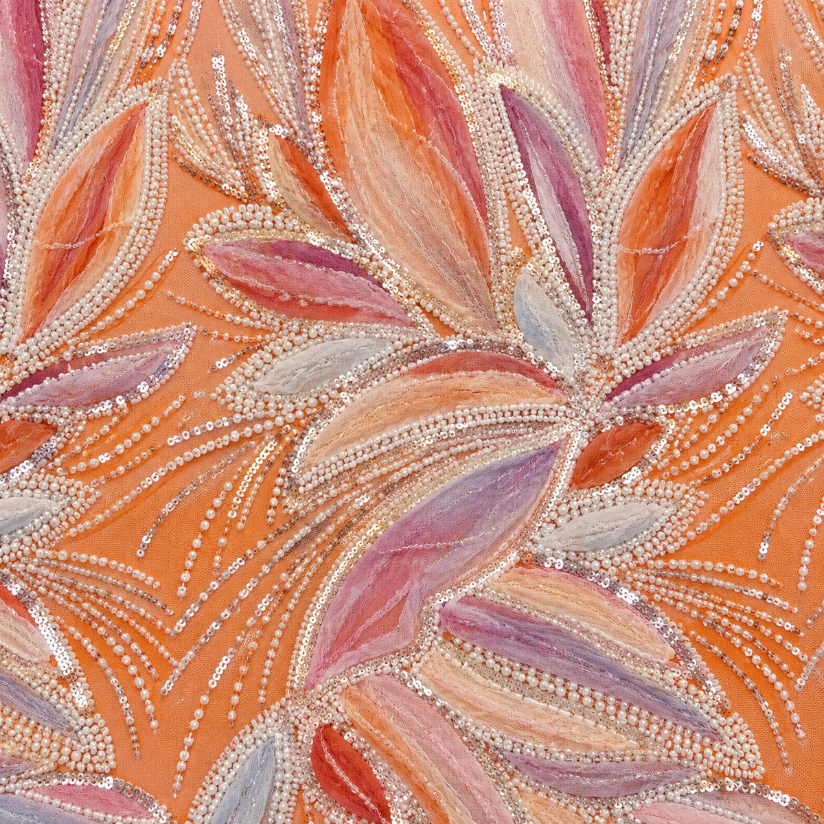 3D Floral & Leaf Embellished Tulle Fabric