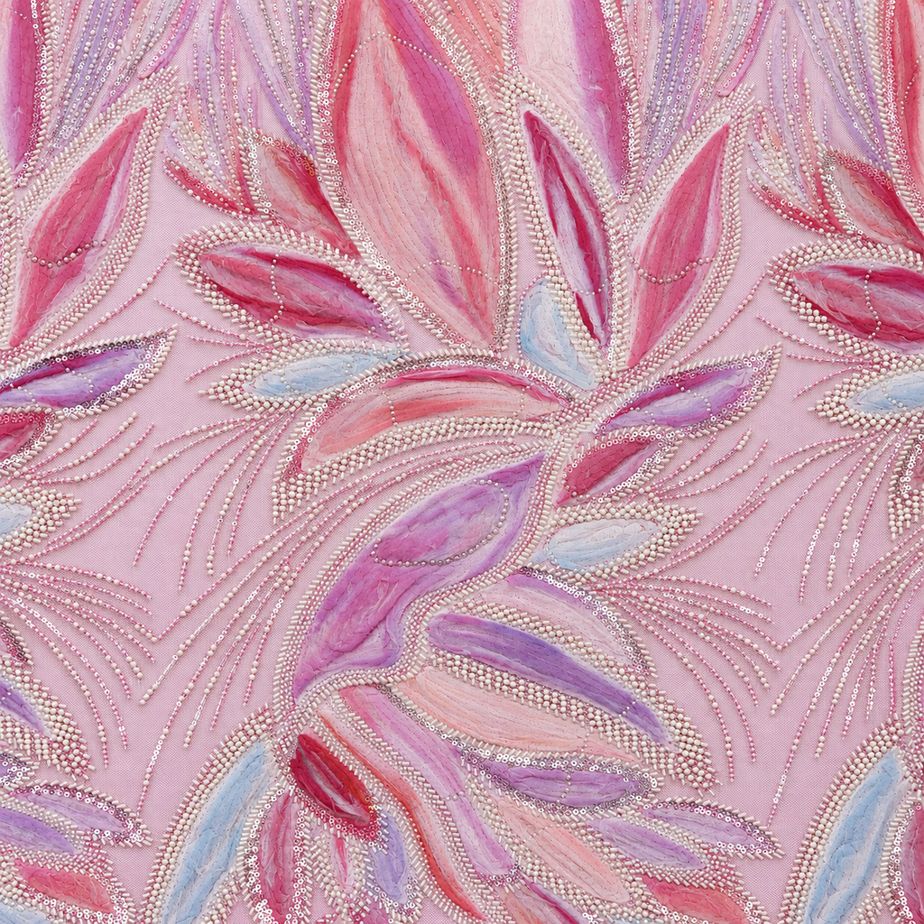 3D Floral & Leaf Embellished Tulle Fabric