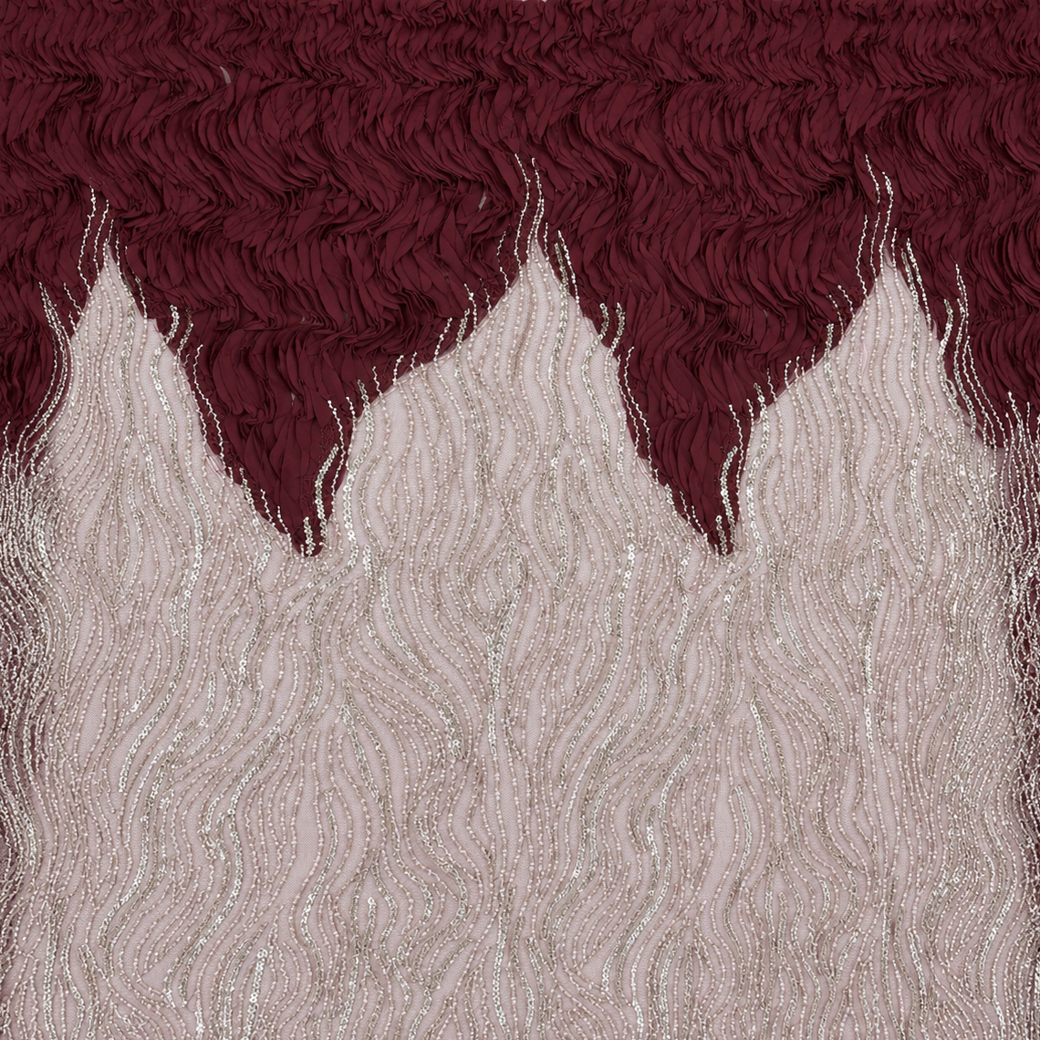 3D Ruffle & Pearl Embellished Mesh Fabric