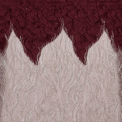 3D Ruffle & Pearl Embellished Mesh Fabric