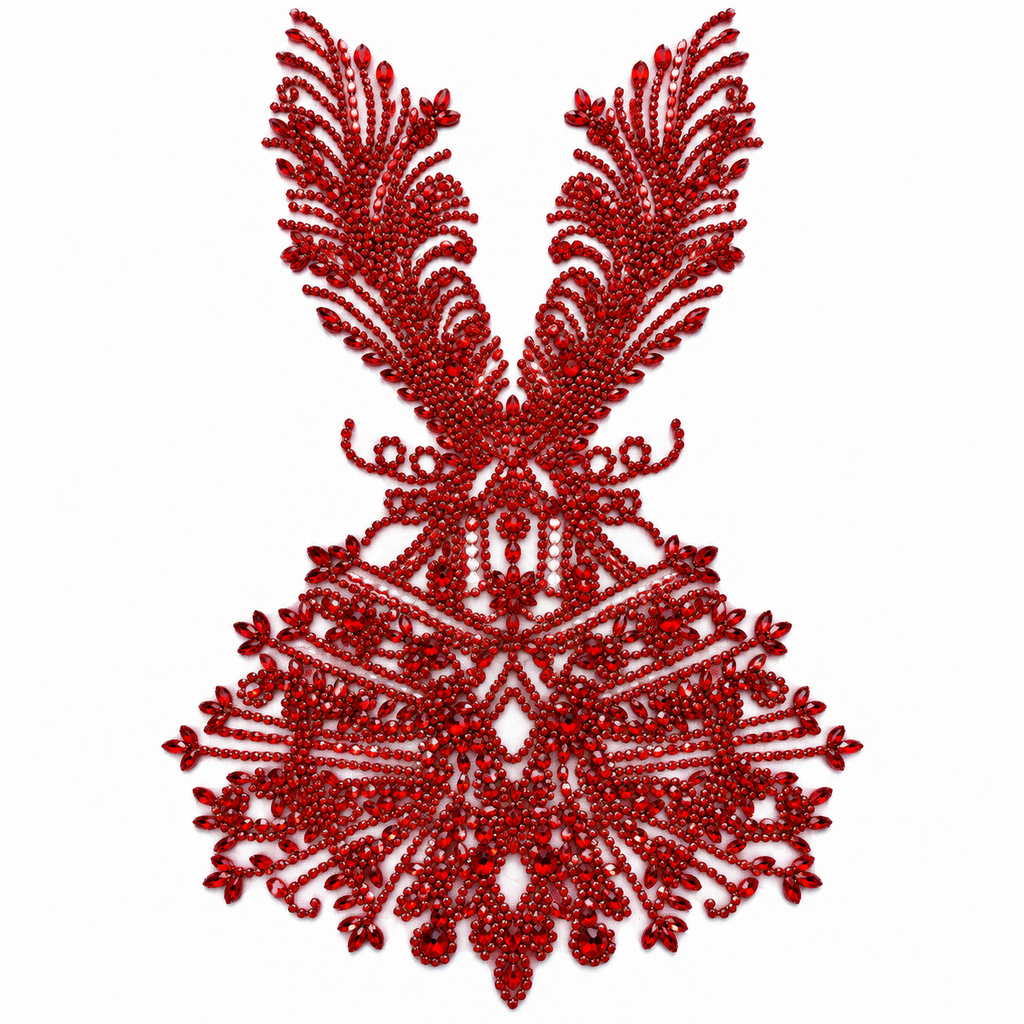 Red Crystal Rhinestone & Beaded Bodice Lace Appliqué