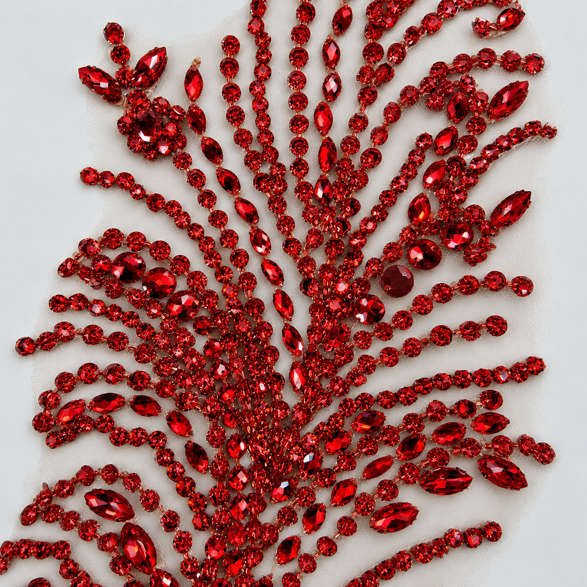 Red Crystal Rhinestone & Beaded Bodice Lace Appliqué