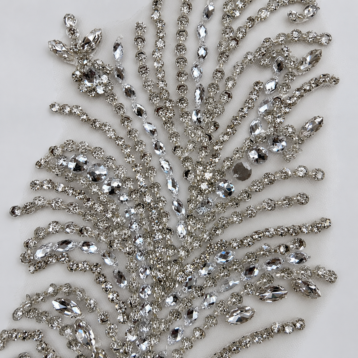 Silver Crystal Rhinestone & Beaded Bodice Lace Appliqué