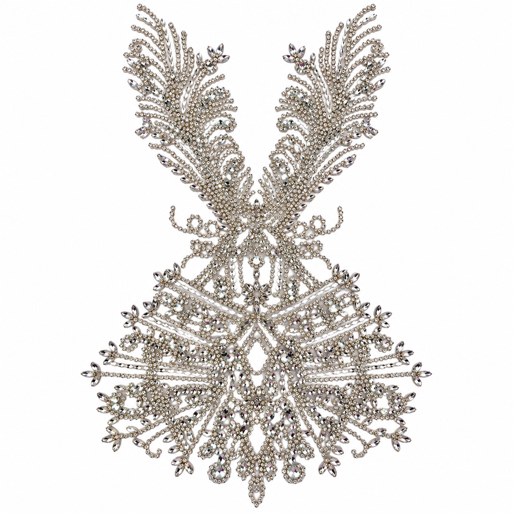 Silver Crystal Rhinestone & Beaded Bodice Lace Appliqué