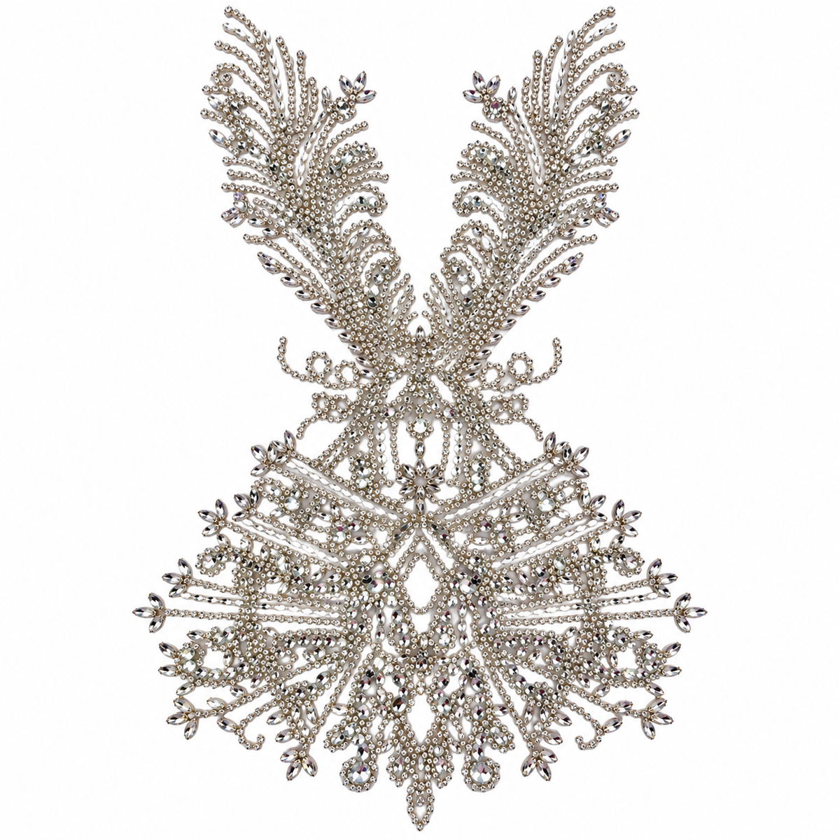Silver Crystal Rhinestone & Beaded Bodice Lace Appliqué
