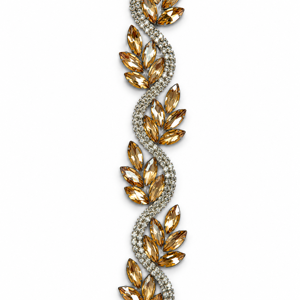 Luxury Hotfix Diamante Trim – Champagne Crystal Leaf | Iron-On Trim