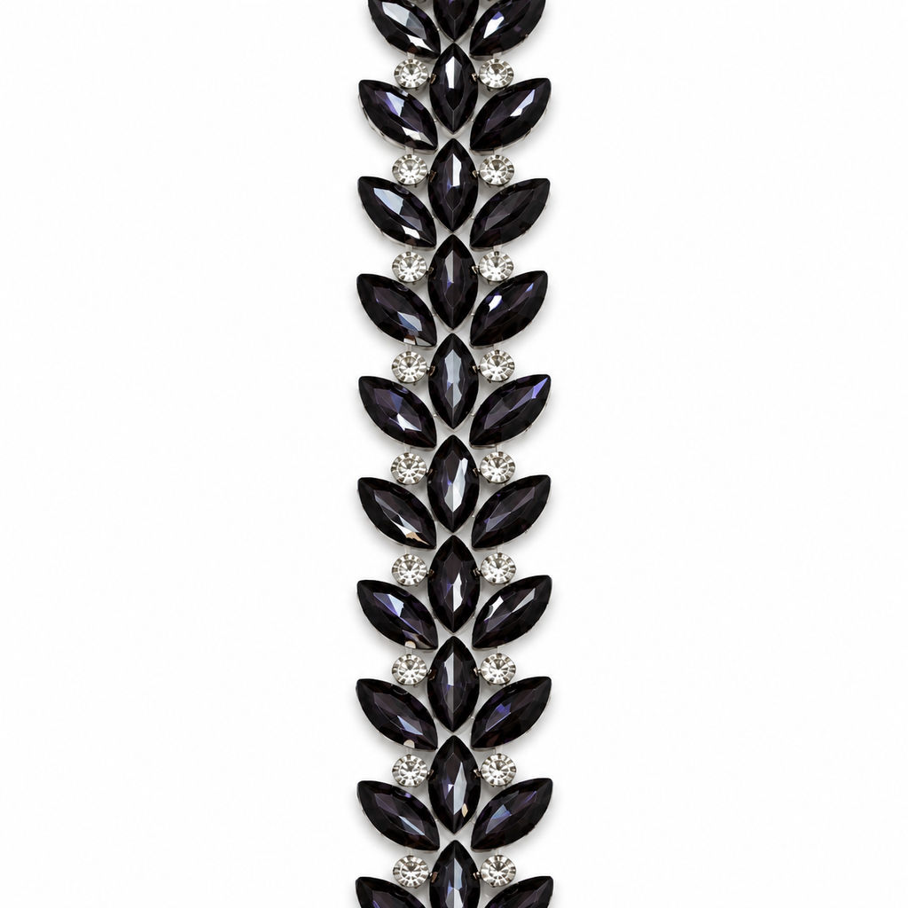 Luxury Hotfix Diamante Trim – Black Crystal Leaf | Iron-On Trim