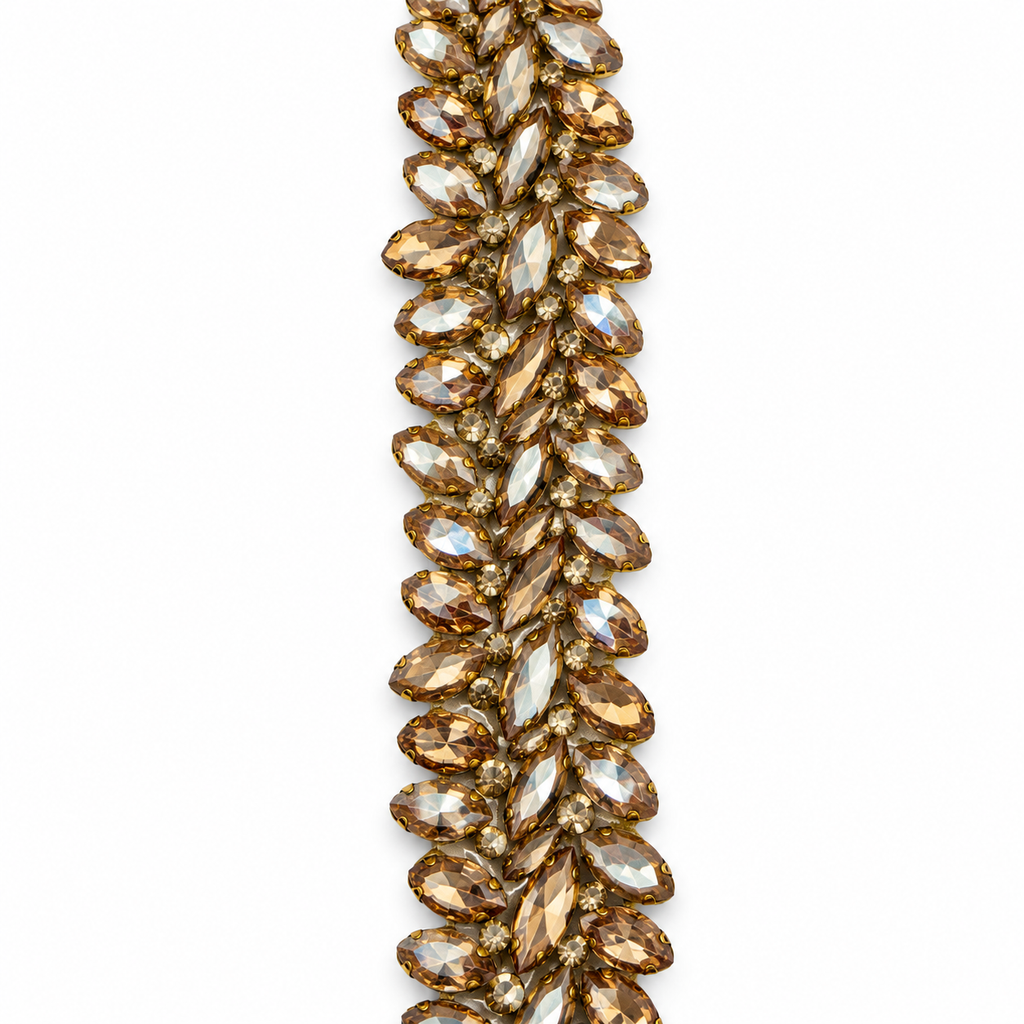 Luxury Hotfix Diamante Trim – Champagne Crystal Leaf | Iron-On Trim
