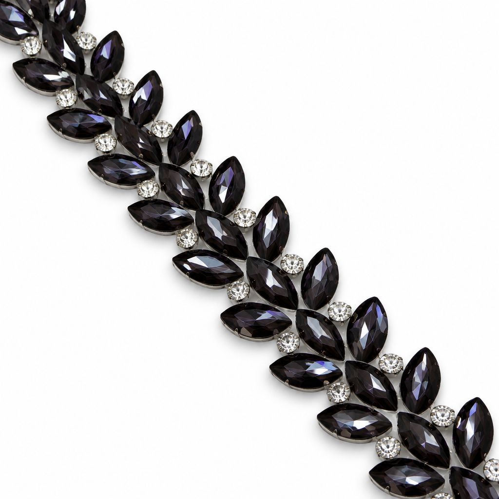 Luxury Hotfix Diamante Trim – Black Crystal Leaf | Iron-On Trim