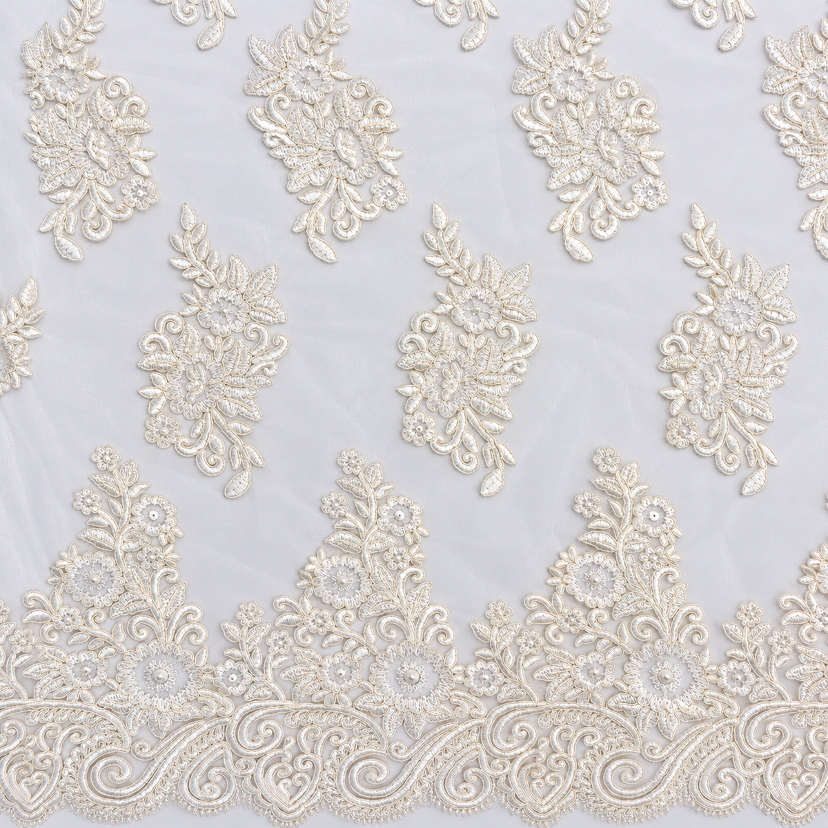 White Floral & Scroll Embroidered Chantilly Lace