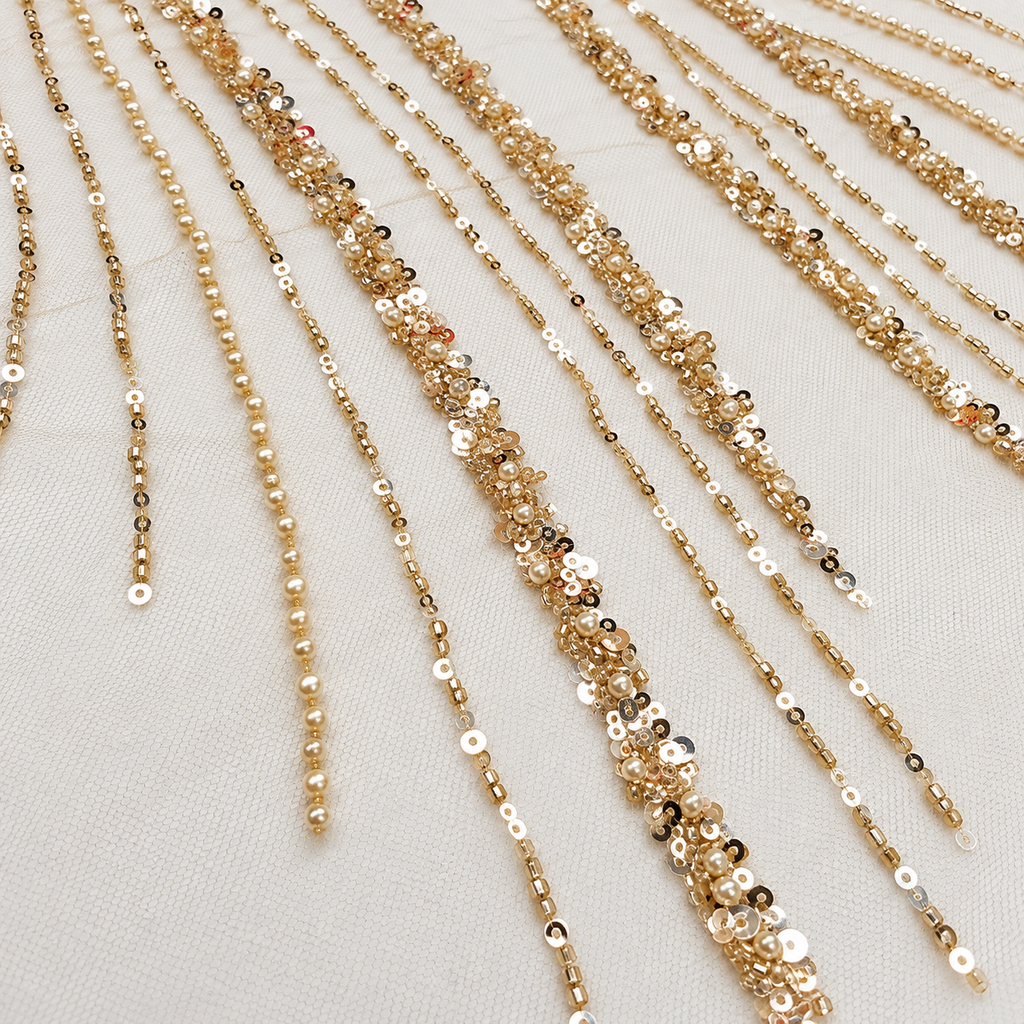 Starfall Pearl & Sequin Embellished Mesh Fabric