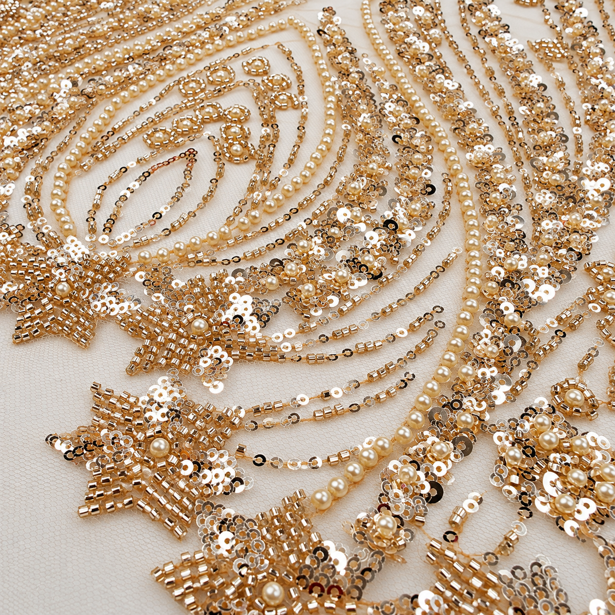 Starfall Pearl & Sequin Embellished Mesh Fabric