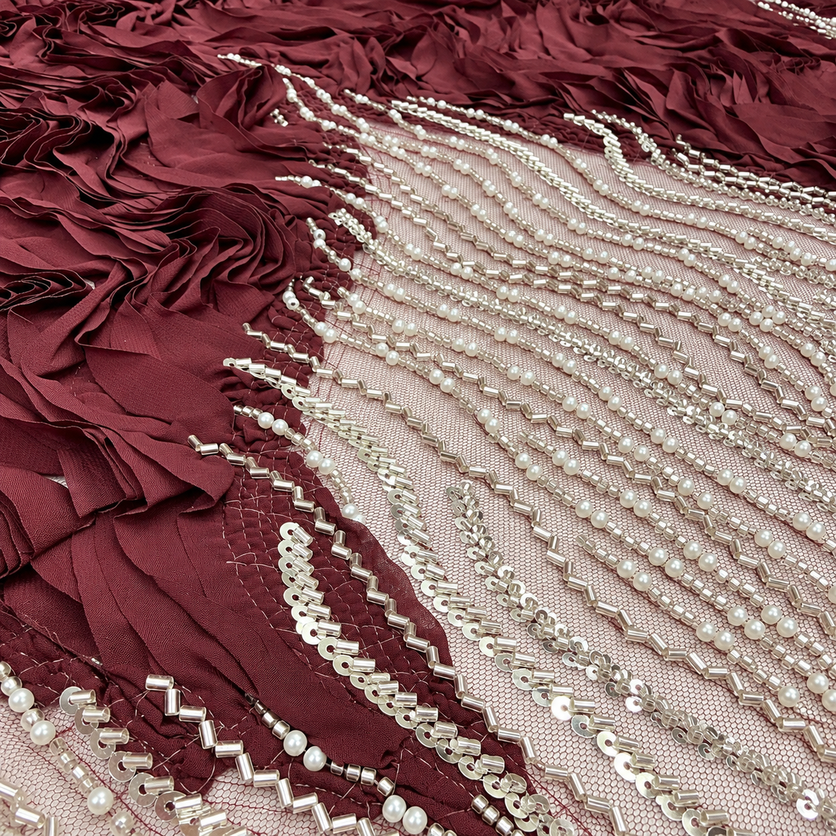 3D Ruffle & Pearl Embellished Mesh Fabric