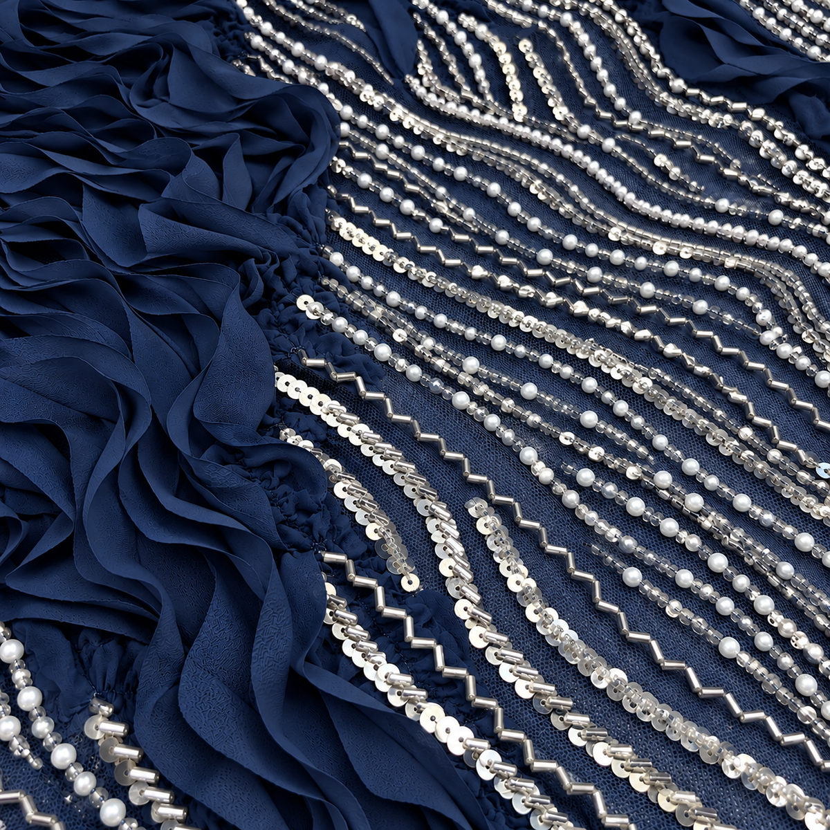 3D Ruffle & Pearl Embellished Mesh Fabric