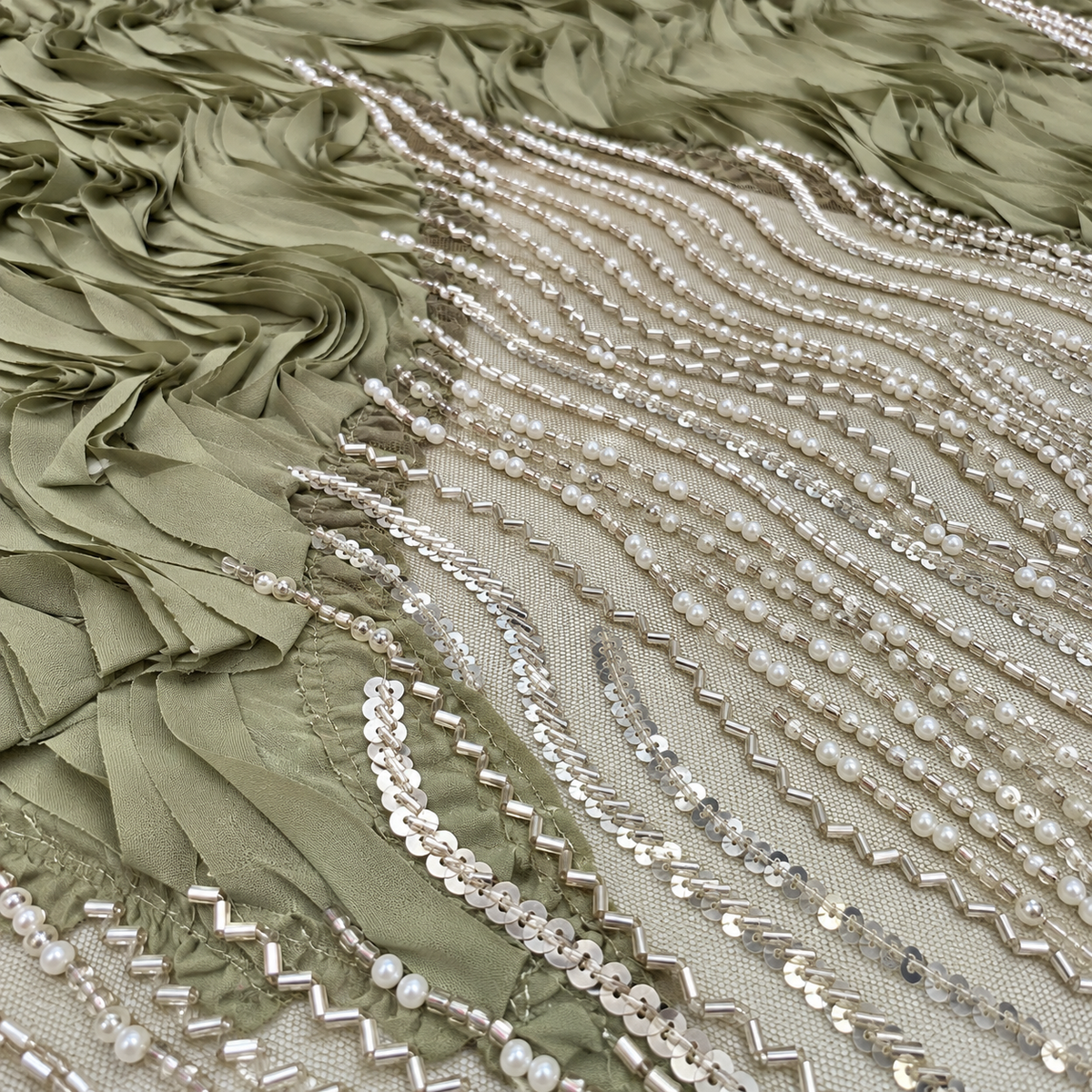 3D Ruffle & Pearl Embellished Mesh Fabric