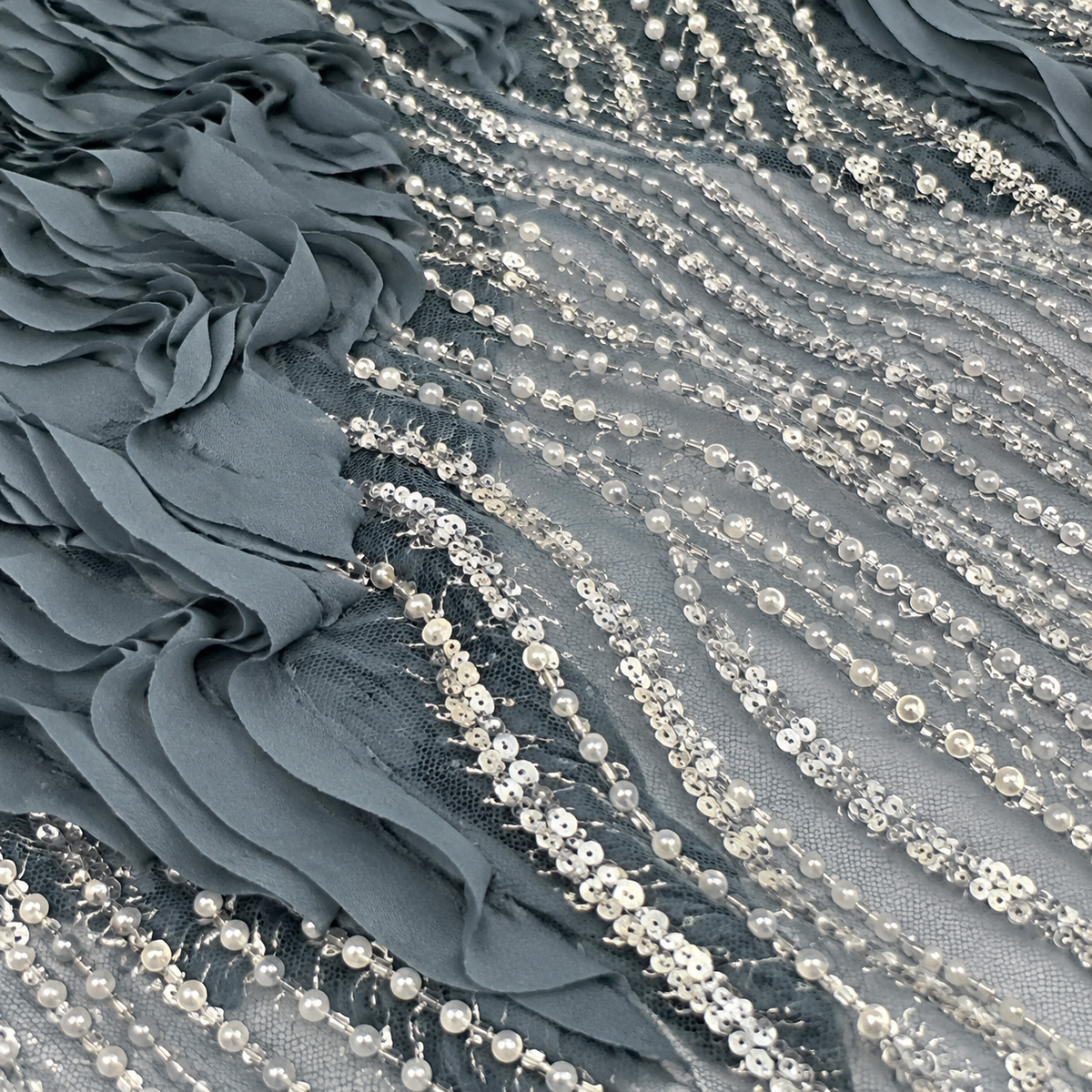 3D Ruffle & Pearl Embellished Mesh Fabric