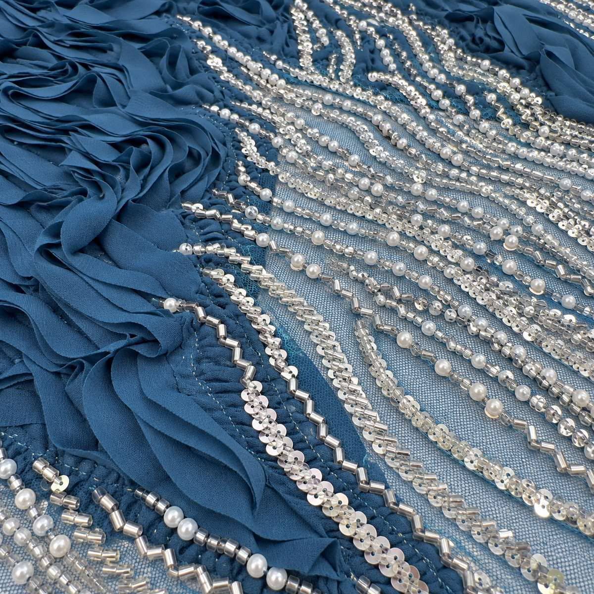 3D Ruffle & Pearl Embellished Mesh Fabric