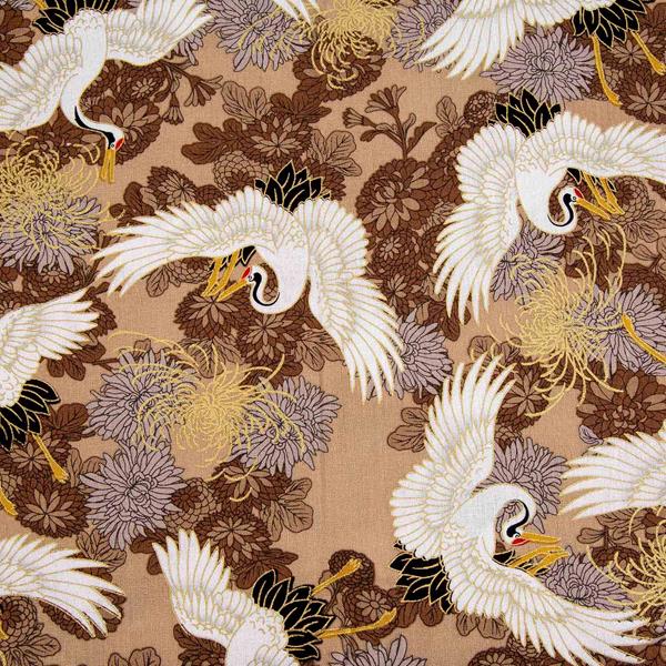 Japanese Cranes & Chrysanthemums Metallic Cotton