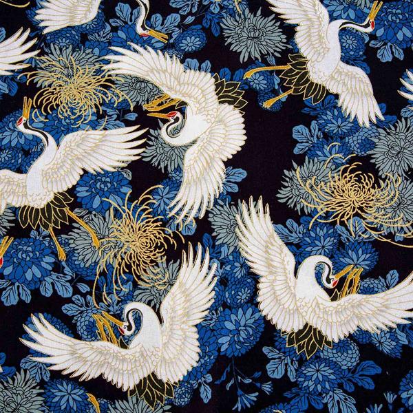 Japanese Cranes & Chrysanthemums Metallic Cotton