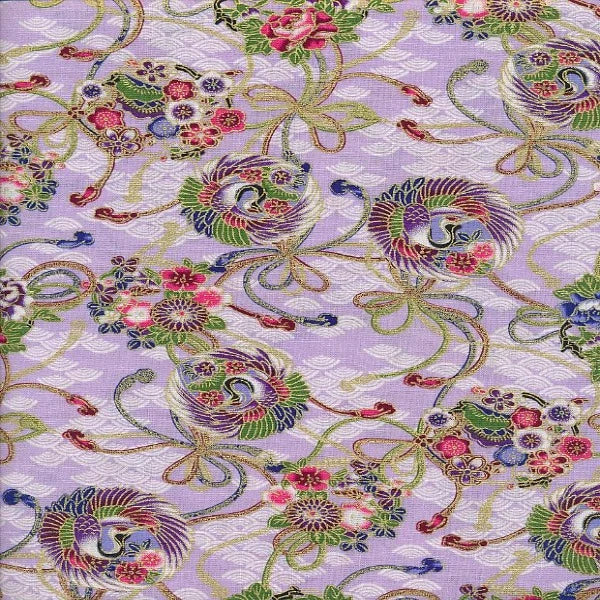 Japanese Floral Crane Orbs Metallic Cotton