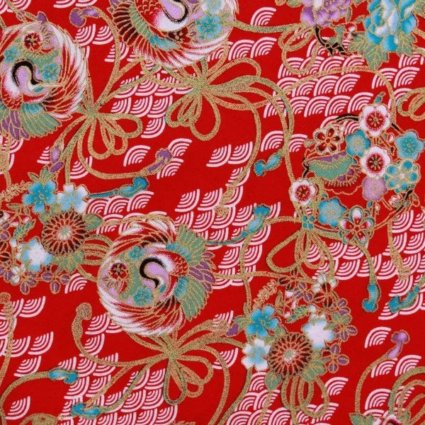 Japanese Floral Crane Orbs Metallic Cotton