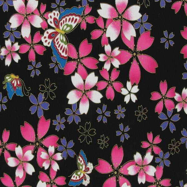 Japanese Floral Butterflies Metallic Cotton
