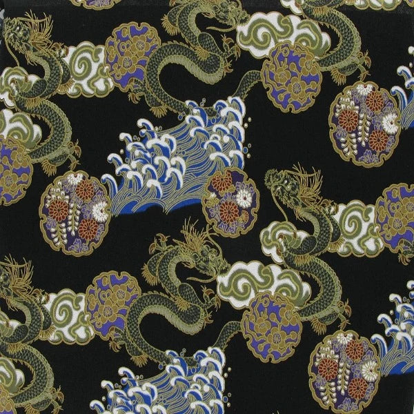 Japanese Dragons, Waves & Orbs Metallic Cotton